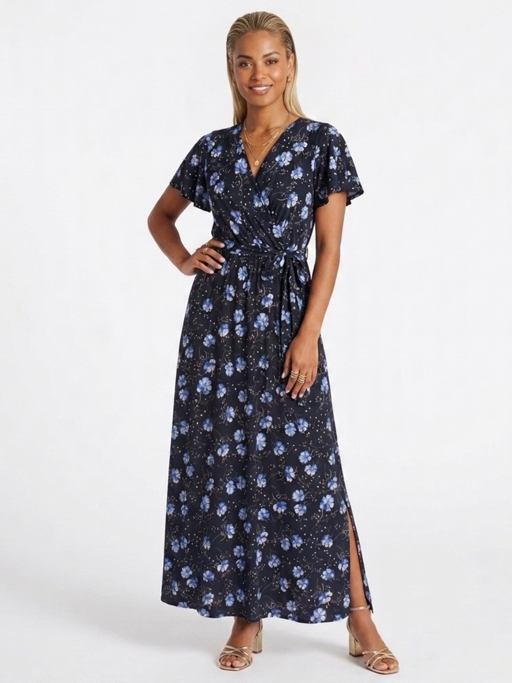 StitchFix Navy Blue Floral Kaileigh Aurelle Maxi Dress stretch, SZ XS